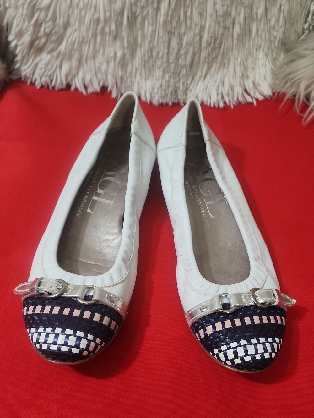 AGL Monica White Leather Flats with Navy Woven Cap and Silver Hardware
